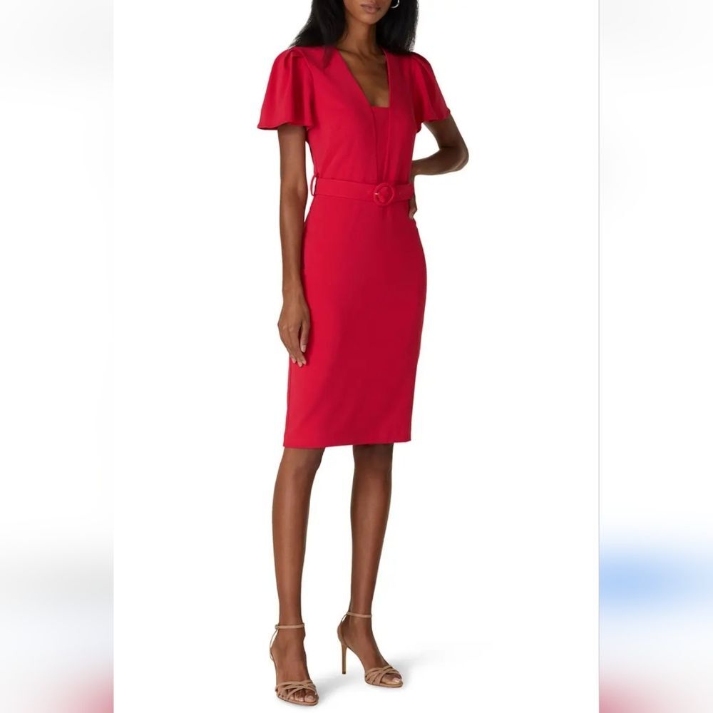 Badgley Mishka Red Flutter Sleeve Belted Midi Dress Size 10